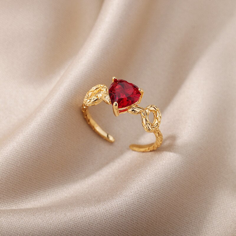 Red Zircon Heart Rings for Women Open Adjustable Stainless Steel Gold Color Ring 2023 Trend Couple Wedding Jewelry Gift
