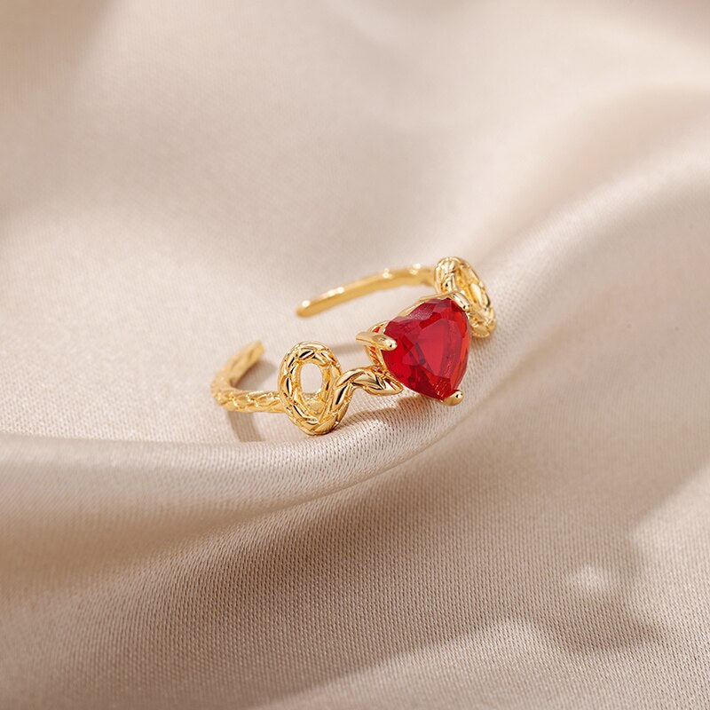 Red Zircon Heart Rings for Women Open Adjustable Stainless Steel Gold Color Ring 2023 Trend Couple Wedding Jewelry Gift