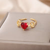 Red Zircon Heart Rings for Women Open Adjustable Stainless Steel Gold Color Ring 2023 Trend Couple Wedding Jewelry Gift
