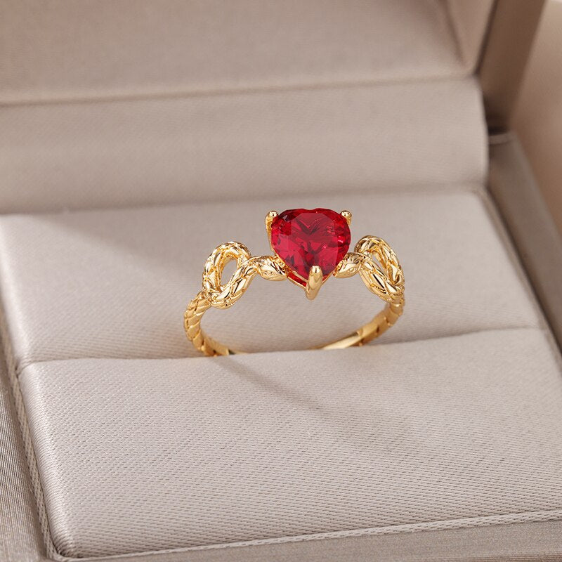 Red Zircon Heart Rings for Women Open Adjustable Stainless Steel Gold Color Ring 2023 Trend Couple Wedding Jewelry Gift