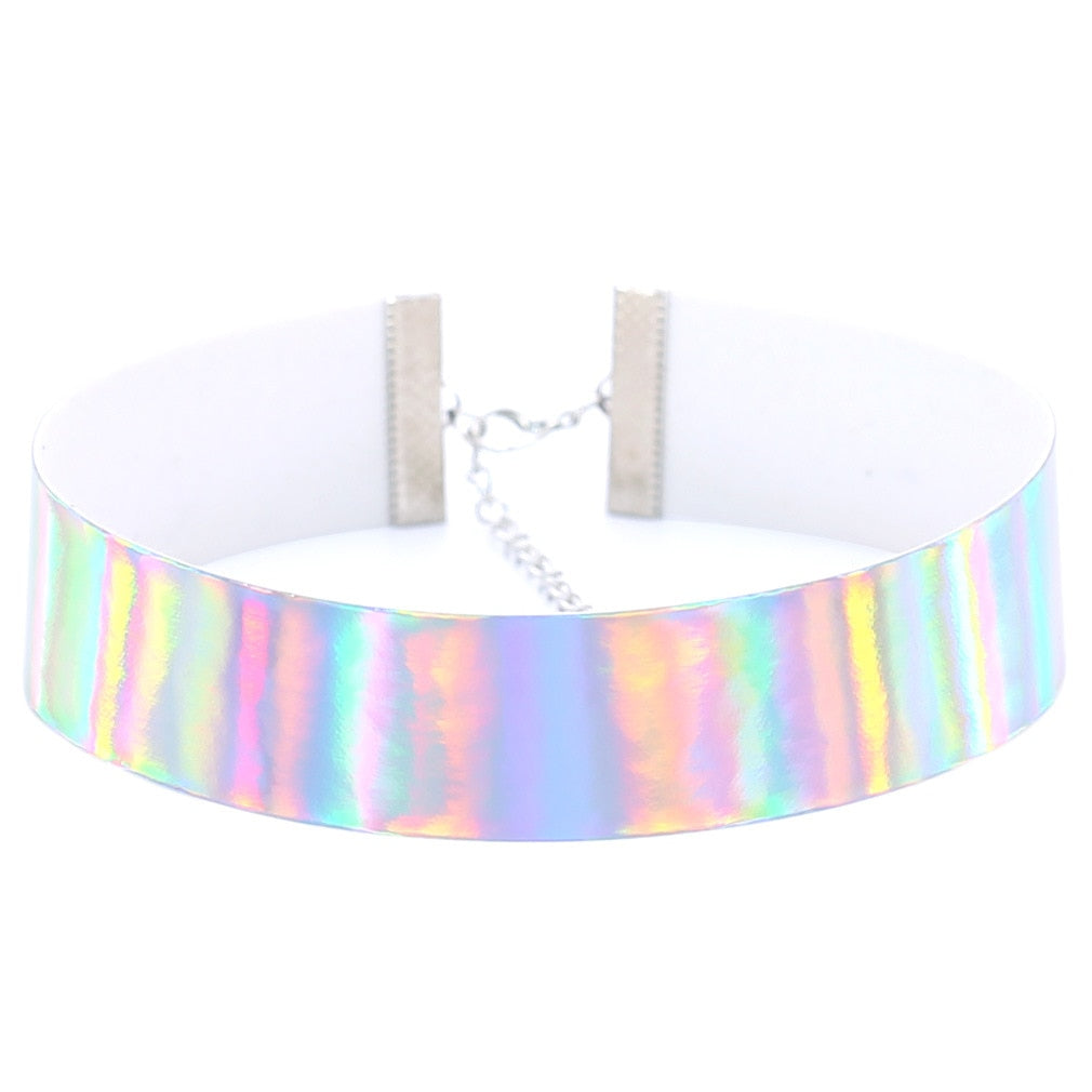 Reflective Holographic Choker PU Leather Chocker Handmade Metal Laser Collar Punk Gothic Necklace 2.5cm Drop Shipping