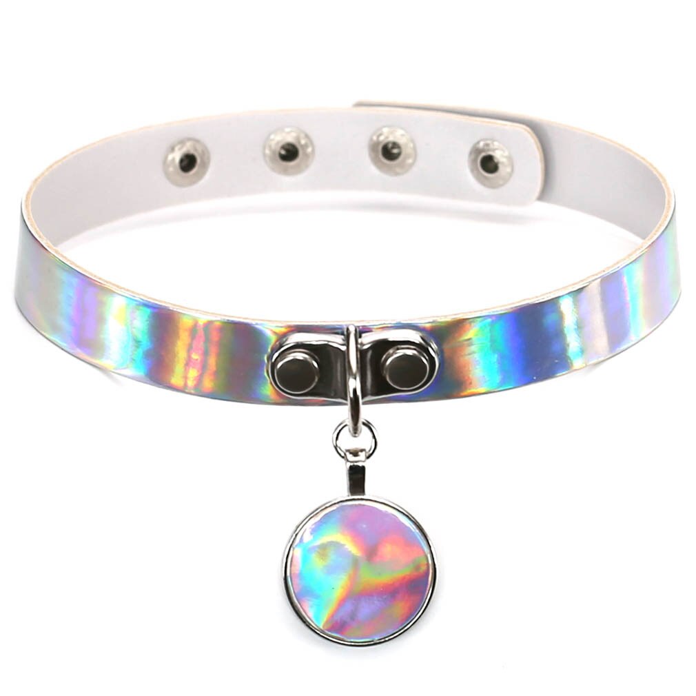 Reflective Holographic Choker PU Leather  Handmade Metal Laser Collar Punk Gothic Necklace Circle Pendant Women Jewelry
