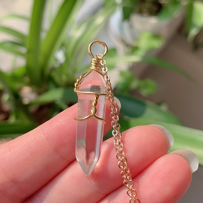 Reiki Healing Jewelry Natural Stone Pendant Wire Wrap Hexagonal Bullet Amethysts Quartz Crystal Necklace Pendulum Chakra Pendulo
