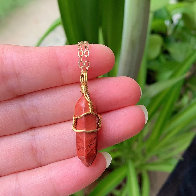 Brass Wire Wrap Pendants, Chakra Crystal Necklace