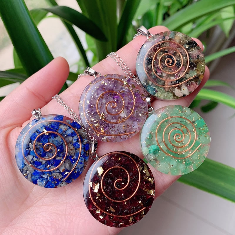 Reiki Healing Pink Quartz Stone Pendant Necklace Fluorite Lapis Amethysts Pendulm Amulet Natural Orgone Energy Crystal Necklace