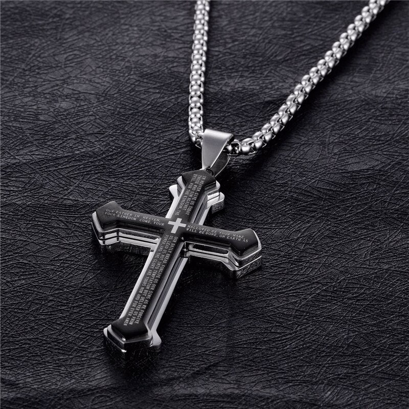 Religion Cross Stainless Steel Man Necklace For Women European American Black Three Bible Pendant 60CM Jewelry 2022 Trend
