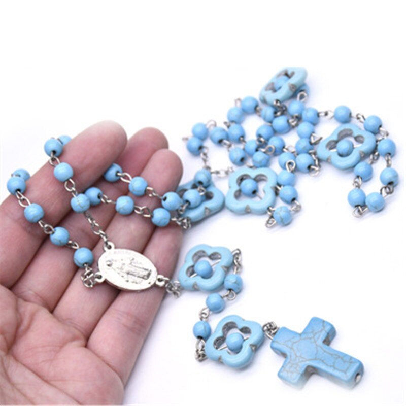 Religious Cross Pendant Necklace Praying Catholic Orthodox Rosary Blue Turquoises Jewelry For Unisex