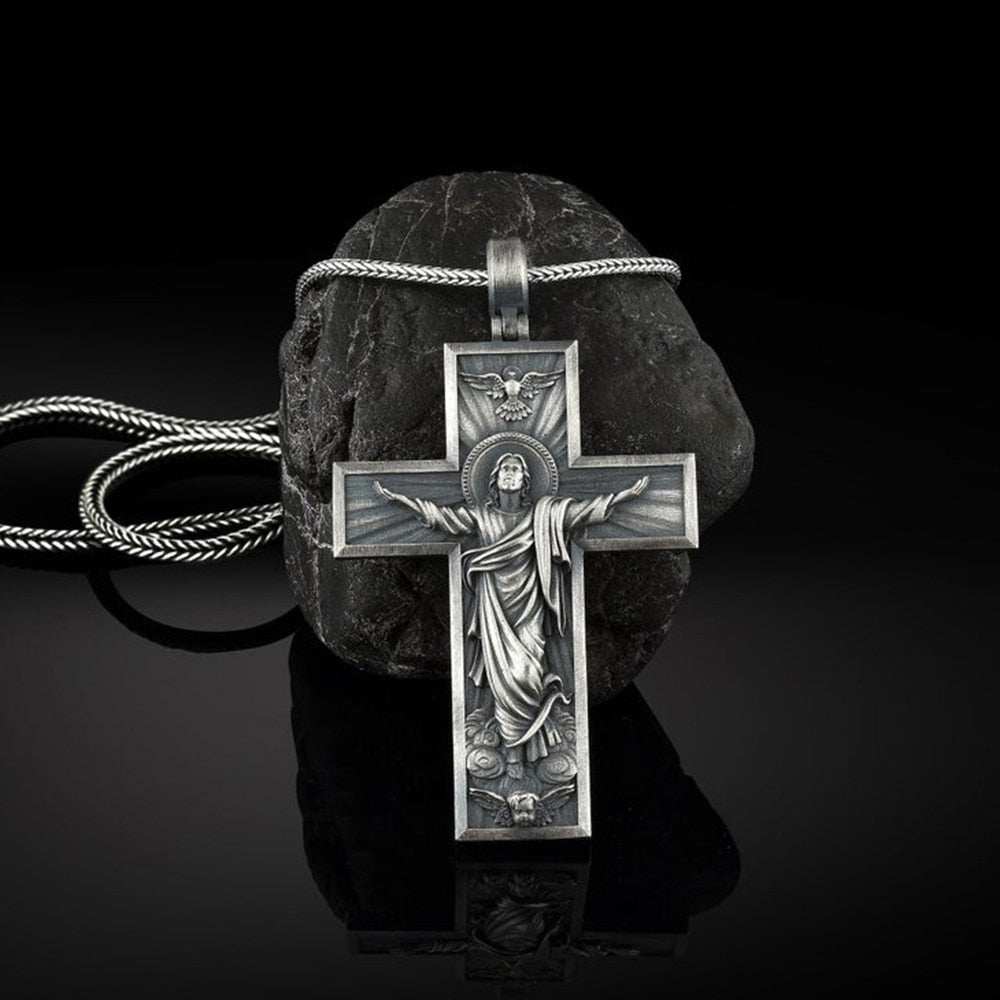 Religious Jesus Cross Christian Catholic Retro Style Pure Tin Men's and Women's Pendant Necklace Jewelry