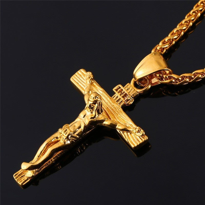 Religious Jesus Cross Necklace for Men 2022 Gold Silver Color Cross Pendent Chain Necklace Jewelry Gifts for Men