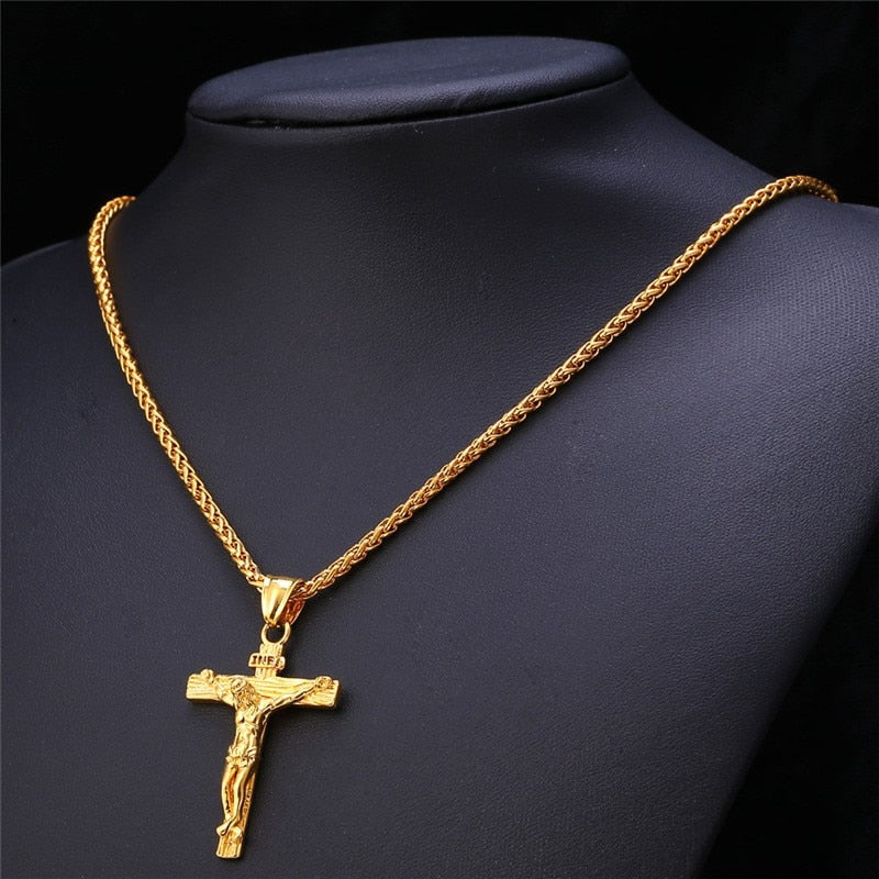 Religious Jesus Cross Necklace for Men 2022 Gold Silver Color Cross Pendent Chain Necklace Jewelry Gifts for Men