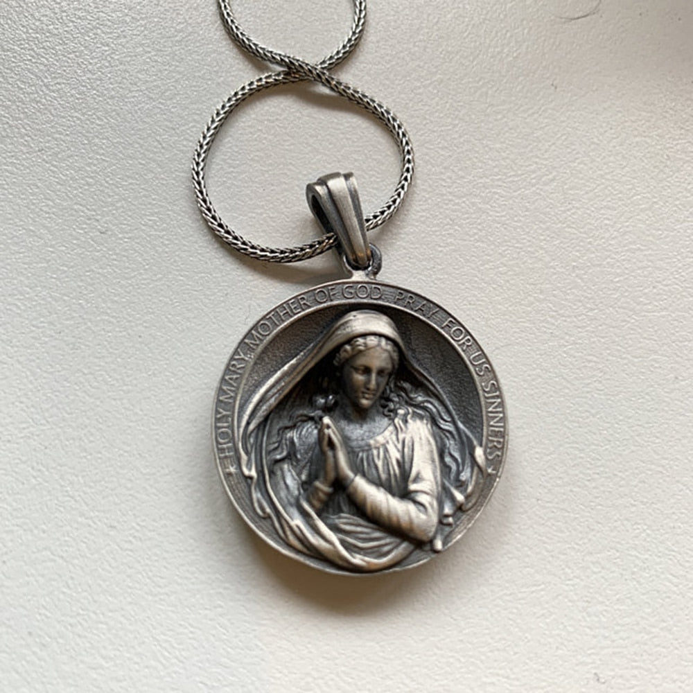 Religious Series Christianity Virgin Mary Prayer Catholic Retro Men and Women Pure Tin Pendant Necklace Tag Chain Necklaces