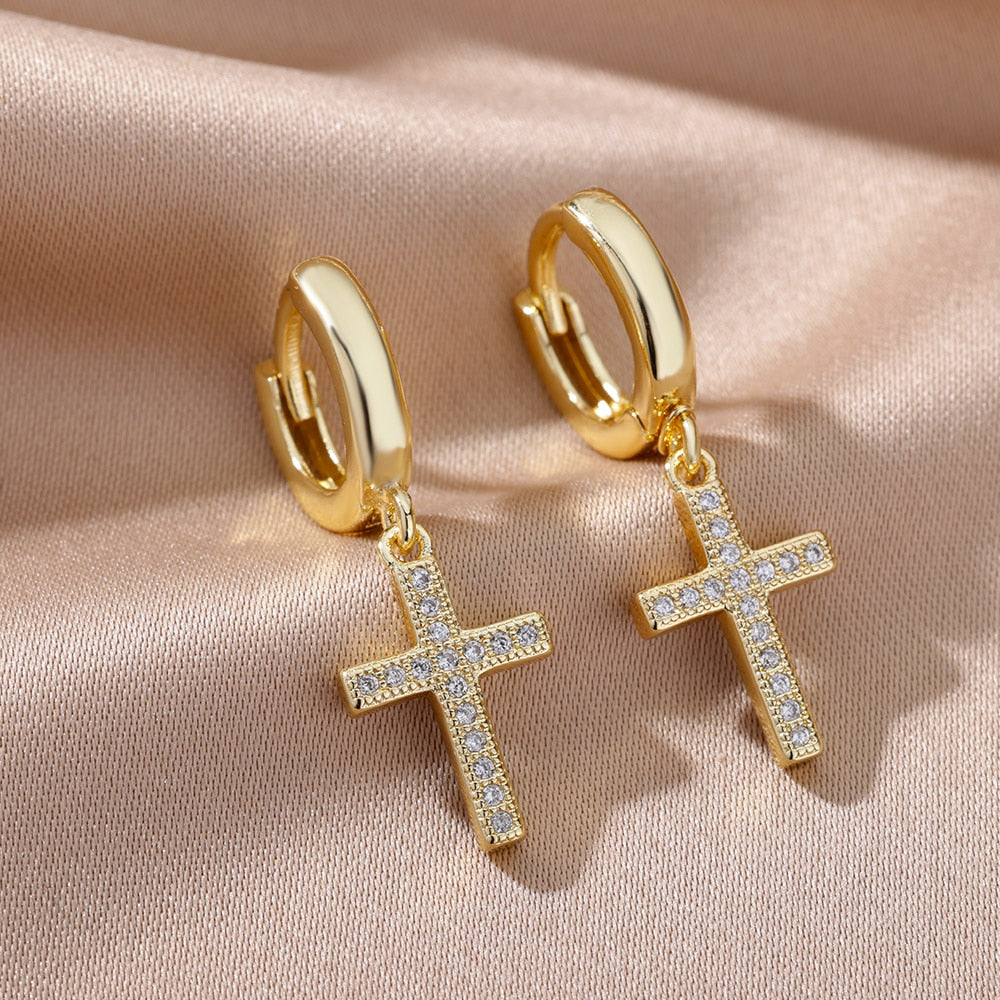 Religious Style Cross Hoop Earrings For Women Boho Stainless Steel Gold Color Flower Earrings 2023 Trend Party Jewelry Gift