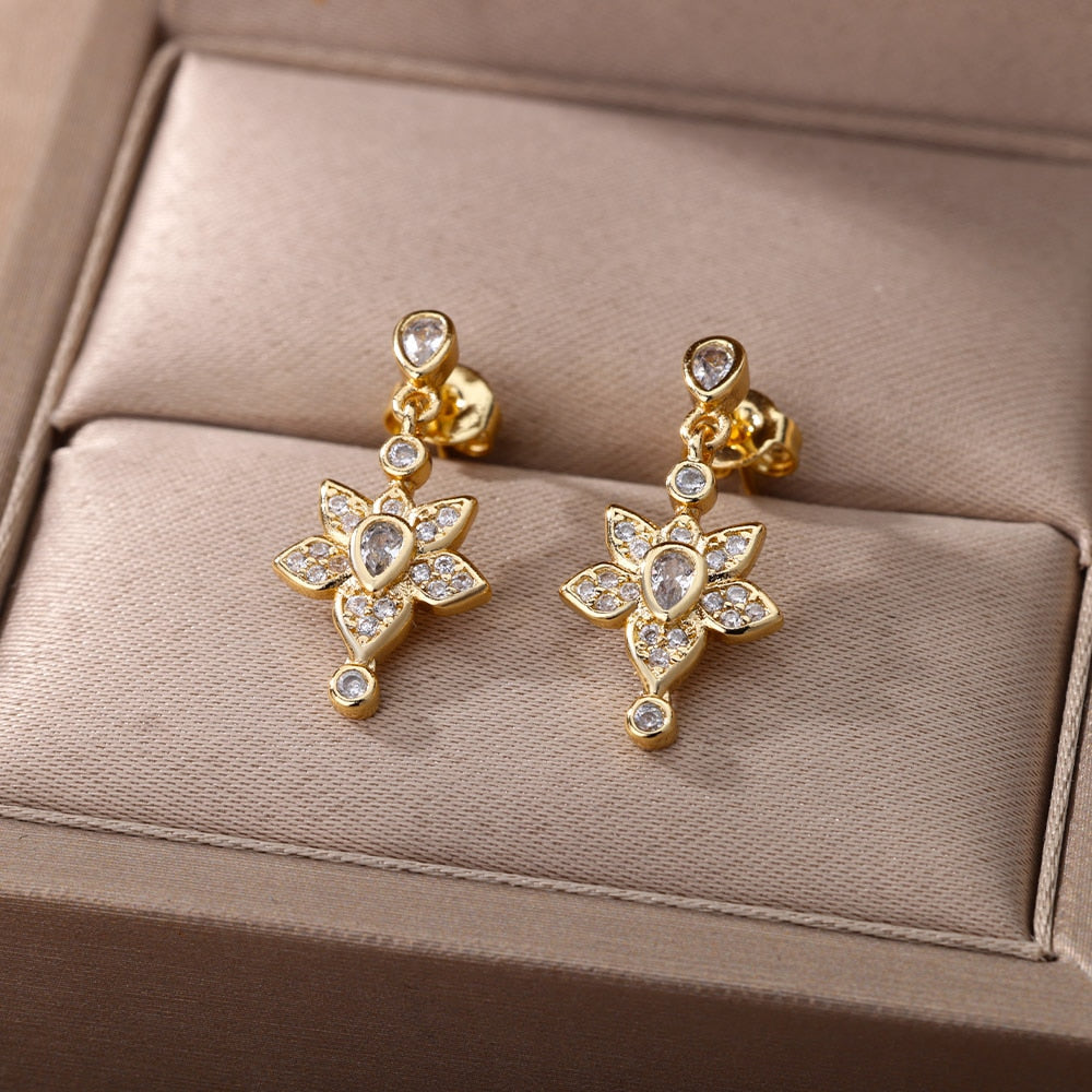 Religious Style Cross Hoop Earrings For Women Boho Stainless Steel Gold Color Flower Earrings 2023 Trend Party Jewelry Gift