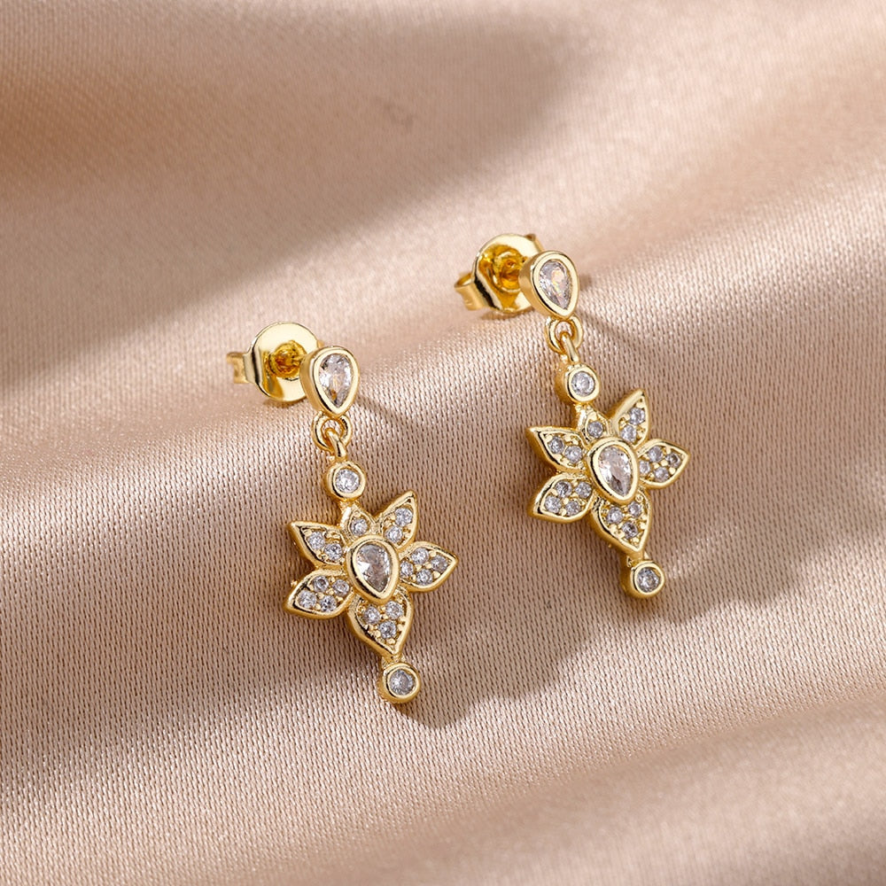 Religious Style Cross Hoop Earrings For Women Boho Stainless Steel Gold Color Flower Earrings 2023 Trend Party Jewelry Gift