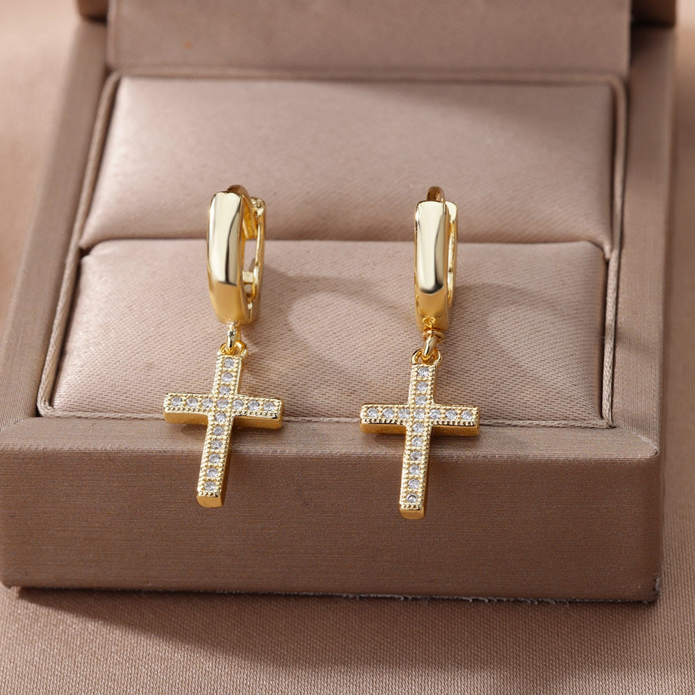 Religious Style Cross Hoop Earrings For Women Boho Stainless Steel Gold Color Flower Earrings 2023 Trend Party Jewelry Gift