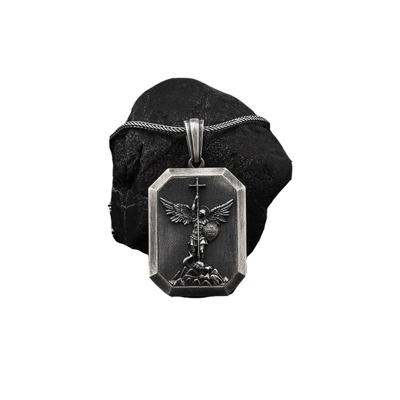 Religious vintage Jewelry on the neck Angel Guardian pure tin pendant necklace men stainless steel chain necklace