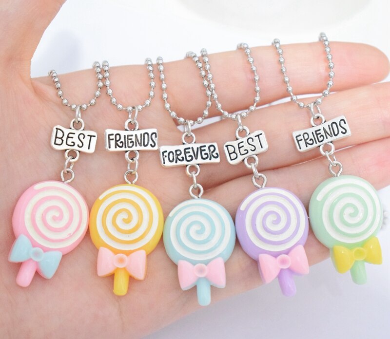 Resin Candy Color Bow Lollipop Pendant Necklace Children BFF 5 Friends Forever Friendship Jewelry Gifts For Kids