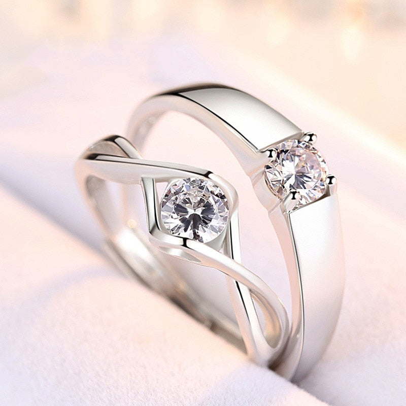 Resizable Zircon Love Ring Silver Wedding Rings for Men and Women 925 Sterling Silver Rings Set for Couples for Engagement