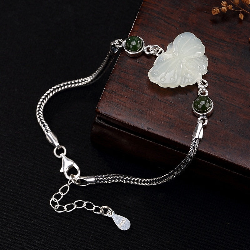 Restoring Ancient Ways Is Thai Silver Inlaid Hetian Jade White Jade Jade Butterfly Madam High-grade Bracelet Wholesale