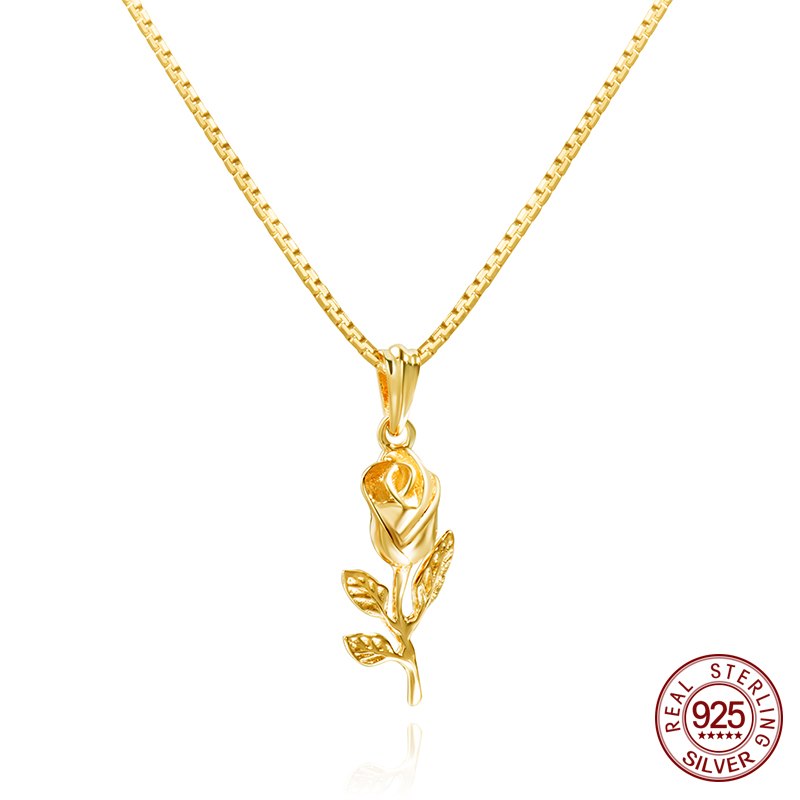 Retro 925 Sterling Silver Rose Flower Pendant Necklaces Gold Color Rose Charm Necklace Jewelry Women Girls Wholesale Gift zk30