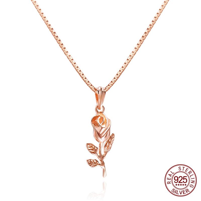 Retro 925 Sterling Silver Rose Flower Pendant Necklaces Gold Color Rose Charm Necklace Jewelry Women Girls Wholesale Gift zk30