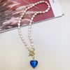 Retro Baroque Irregular Natural Pearl Necklaces for Women Blue Green Color Glass Heart Pendant Chokers Necklace Wedding Jewelry