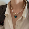 Retro Baroque Irregular Natural Pearl Necklaces for Women Blue Green Color Glass Heart Pendant Chokers Necklace Wedding Jewelry