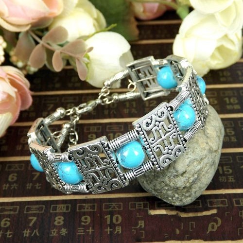 Retro Bohemia Style Bracelet Red /Blue Stone Square Beads Bangle Carving Charm Bracelet A202G