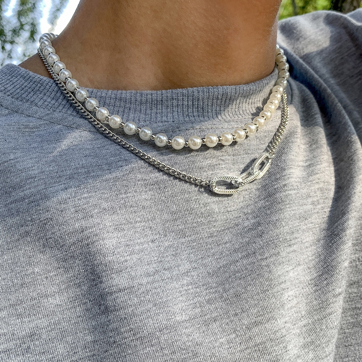 Retro Creative Geometric Pearl Necklace Men and Women Same Personality Hip Hop Style Chain Choker Jewelry Accessories Gift