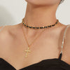 Retro Cross Multilayer Pendant Necklace Trend Punk Gothic Black Belt Neckband Metal Thick Chain Ladies Accessories
