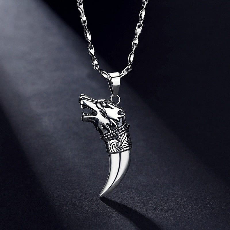 Retro Cupronickel Silver Plated Necklace Wolf's Fang Carving Wolf Pendant Sweater Chain for Charms Lucky Jewelry