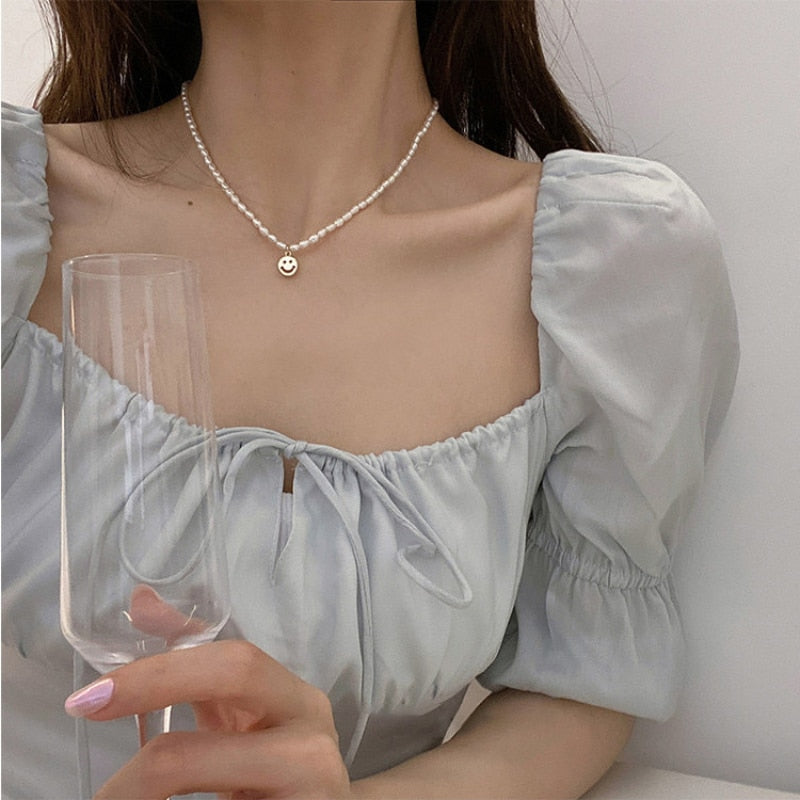 Retro Temperament Natural Freshwater Pearl Simple Metal Bear Smiley Heart Pendant Short Necklace Clavicle Chain Female