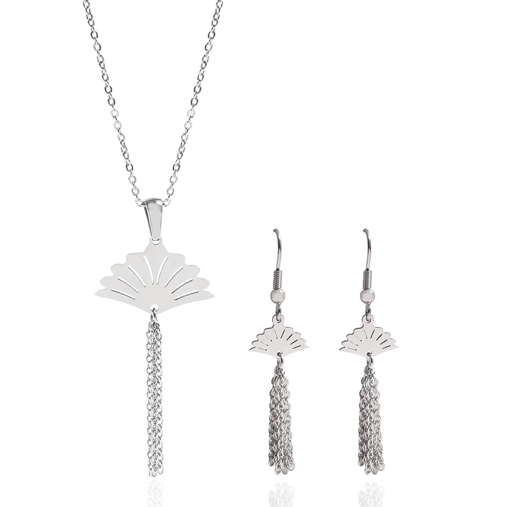 Retro Health Fan Tassel Earrings,Necklace Stainless Steel Jewelry Sets For Women Vintage Charming Design 2020 New Fashion