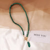 Retro  Green Stone Beaded Necklace for Women Alloy Feather Imitation Pearl Pendant Necklaces Female Clavicle Chain Simple