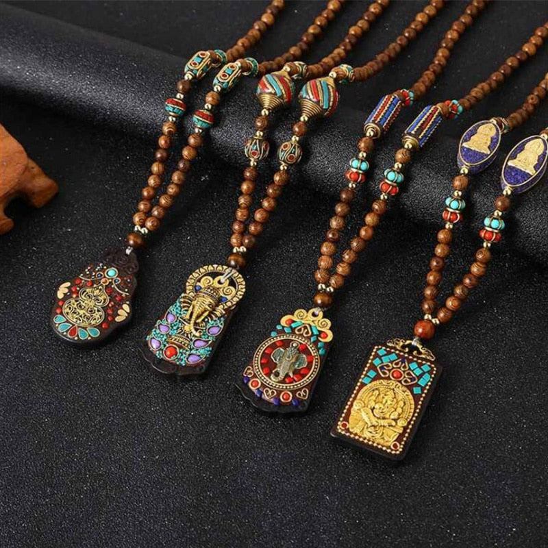 Retro Nepal Beads Long Sweater Necklace Elephant Ganesha Buddhist Prayer Necklace Meditation Spiritual Lucky Amulet Jewelry