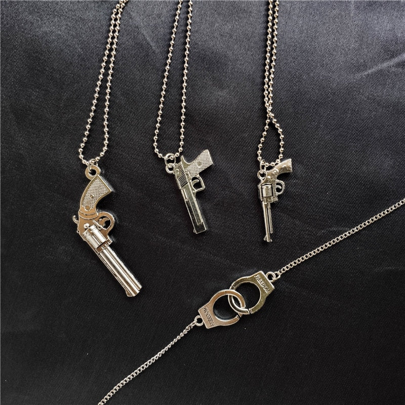 Retro Pistol Handcuffs Gun Pendant Necklace For women Punk Antique Weapon Alloy Beads Chains Jewelry Party Gifts
