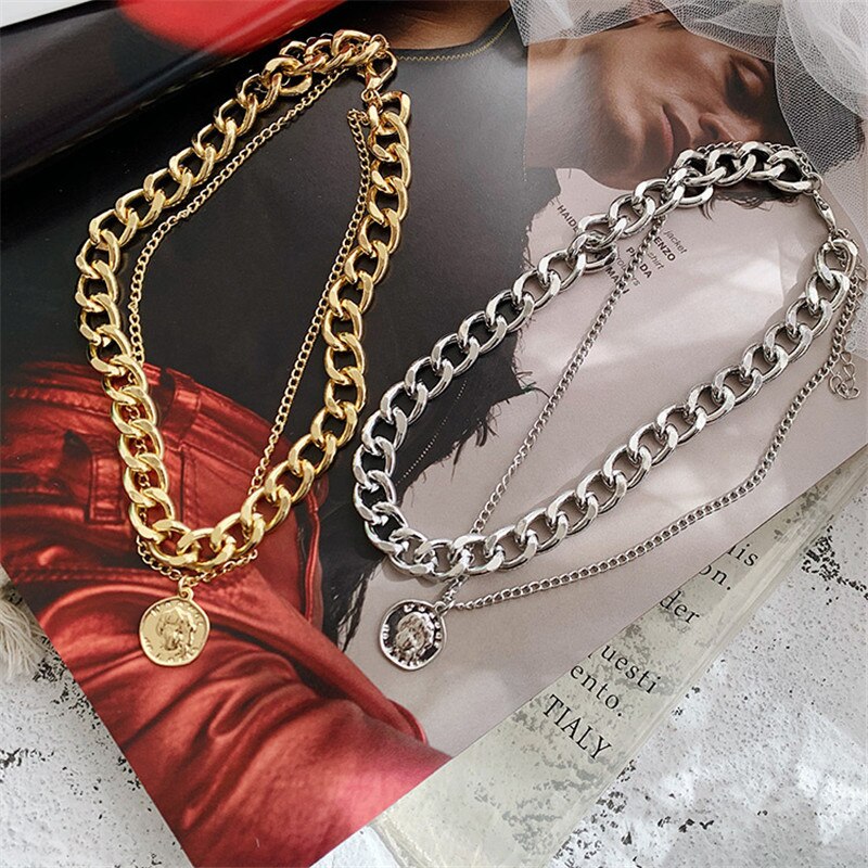Retro Portrait Exaggerated Thick Chain Necklace Double Layer Cool Chain Hip Hop Necklace Short Clavicle Chain