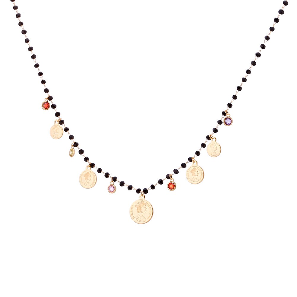 Retro Queen Portrait Pendant Black Crystal Beads Necklace Bohemia Multi Coin Charms Choker Ethnic Necklace for Women Female Gift