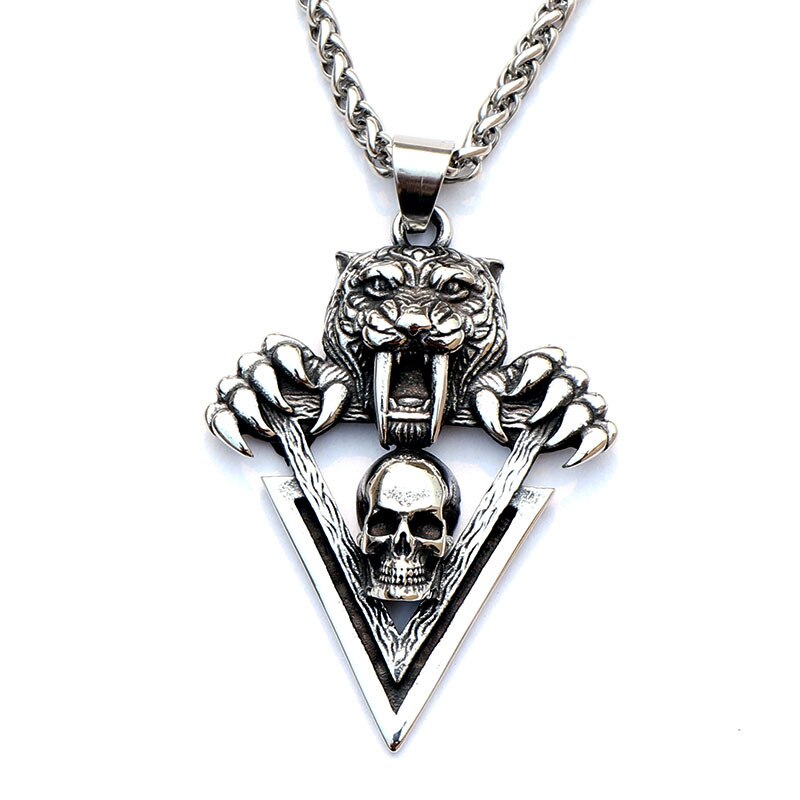 Retro Saber-Toothed Tiger Skull Pendant Necklace Men's Necklace Metal Sliding Triangle Skull Necklace Pendant Accessory Jewelry