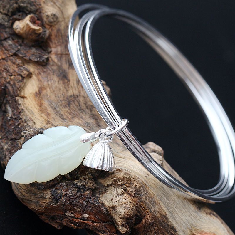 Retro Silver Decoration Natural Hetian Jade Handmade Silver Bangle Lotus Ring Multi-Purpose S925 Sterling Silver Bangle Women