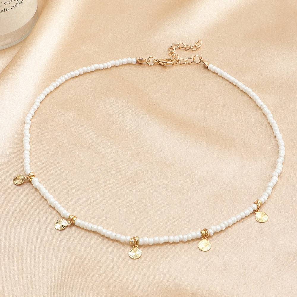 Retro Small Colorful Rice Bead Neck Chain Necklace Bohemian Simple Five Pointed Star Moon Necklaces Female Jewelry For Womens