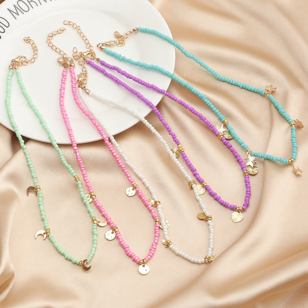 Retro Small Colorful Rice Bead Neck Chain Necklace Bohemian Simple Five Pointed Star Moon Necklaces Female Jewelry For Womens