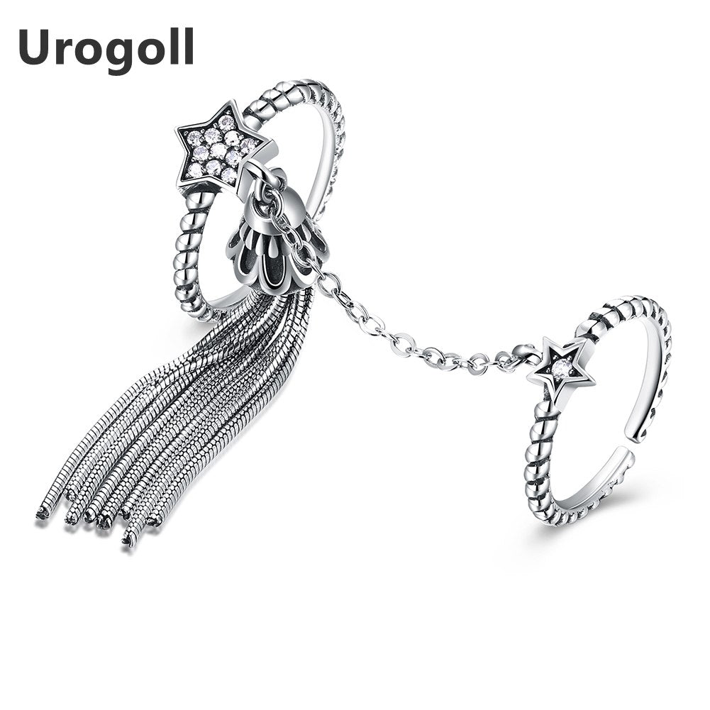 Retro Style Sterling Silver Star & Tassel CZ Double Layer Finger Ring for Women Fashion Silver Jewelry Gift