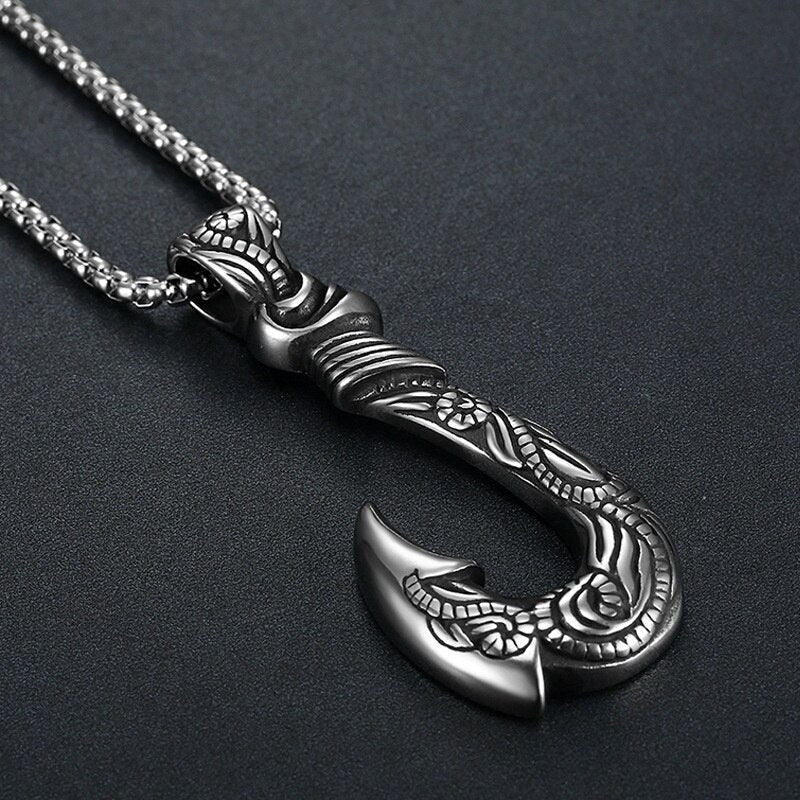 Retro Viking Fish Hook Shape Pendant Necklace Men's Necklace Metal Sliding Vintage Fish Hook Necklace Pendant Accessory Jewelry