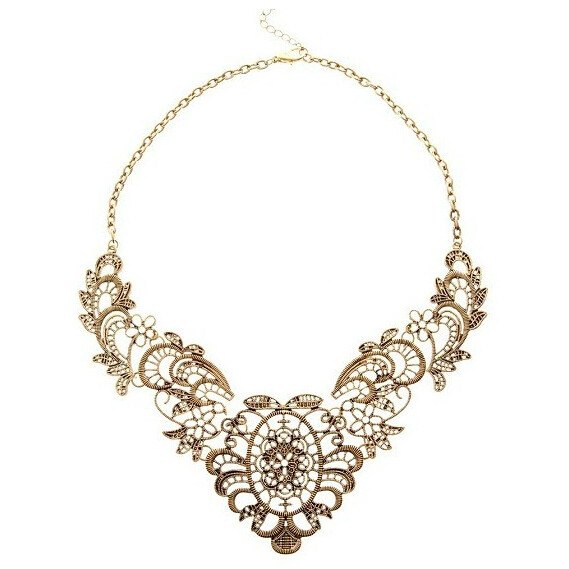Retro Vintage Style Bronze Gold-color Flower Hollow Statement Bib Choker Chain Pendant Necklace for Women Gifts