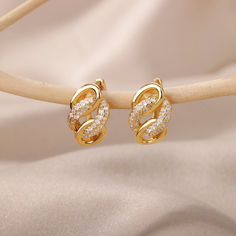 Retro Wide Chain Earrings For Women Stainless Steel Zircon Gold Color Hoop Earrings 2023 Hip-hop Party Jewelry Gift pendientes