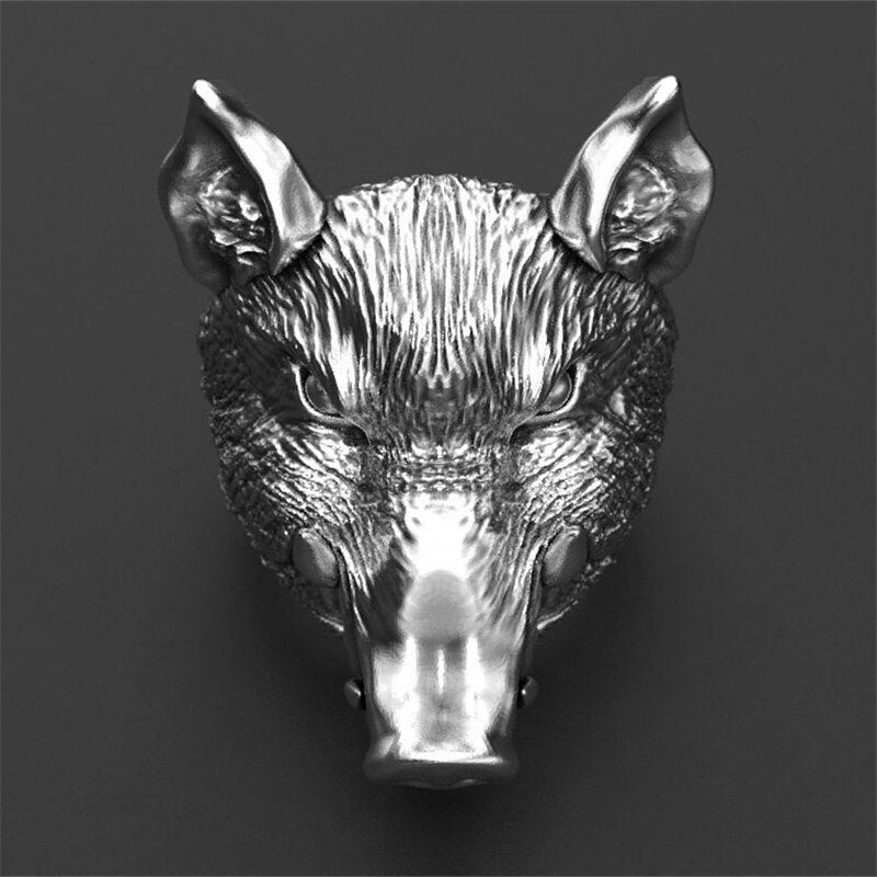 Retro Wild Boar Head Shape Men's Ring Metal Animal Accessories Hip Hop Punk Party Jewelry Gift Size 8-13