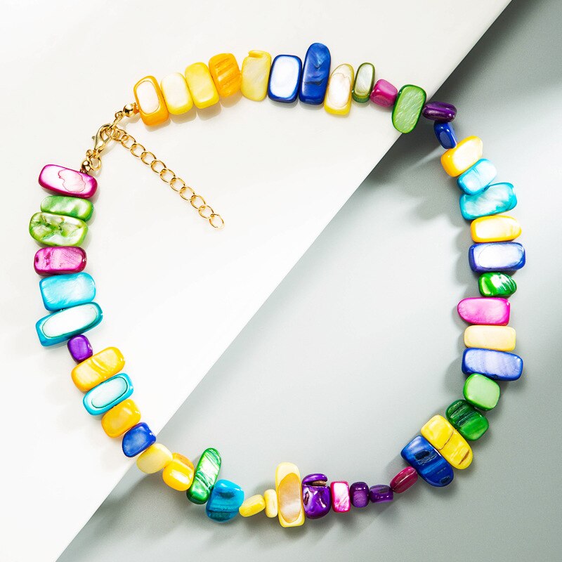 Retro national style personality geometric shape colorful dyed shell handmade beaded necklace choker accessories