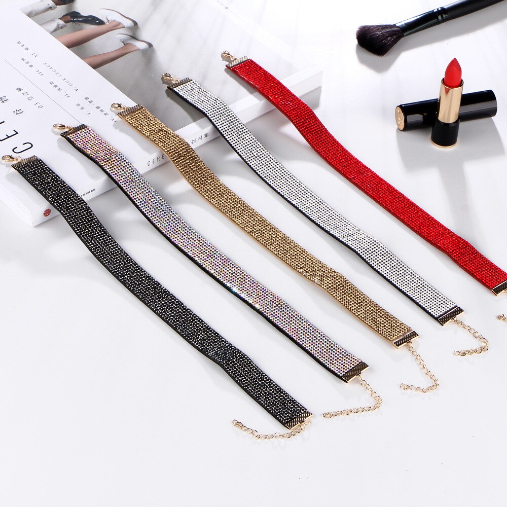 Rhinestone Crystal Chokers Necklace Women Gold Color Cubic Zirconia Tattoo Necklaces Link Chains Statement Charm Bohemia Jewelry