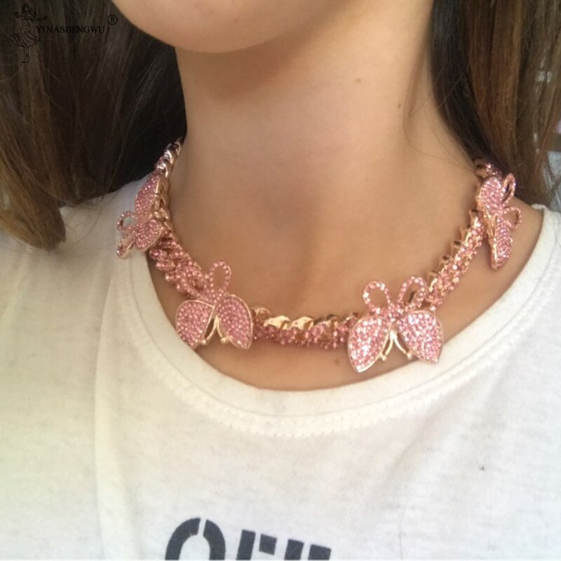 Rhinestone Crystal Stone 13mm Curb Cuban Chain Butterfly Pendant Hip Hop Necklace Women Charm Chain CZ Buckle Accessories Jewely
